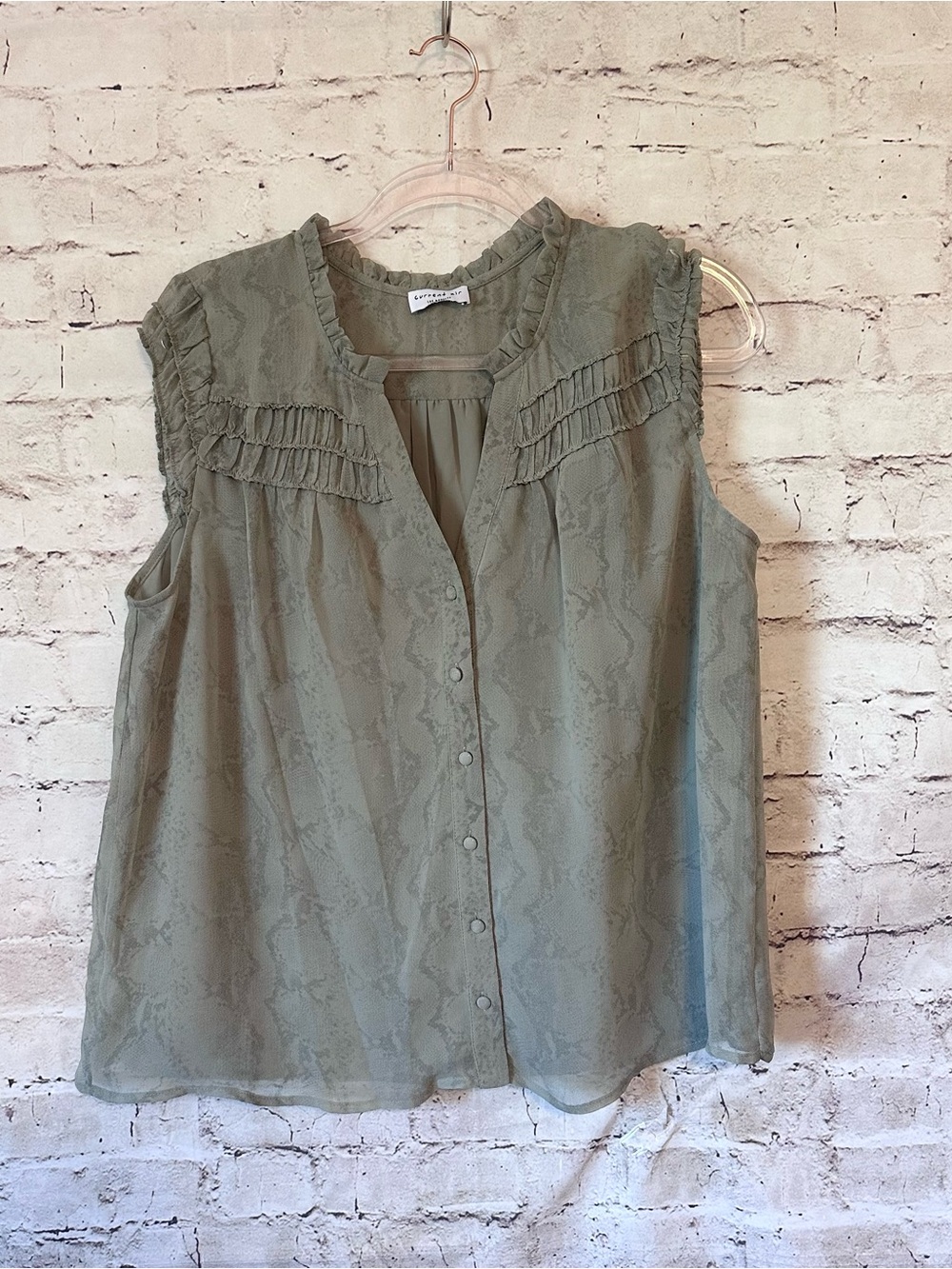 Current Air Olive Green Sleeveless Ruffle Yoke Blouse